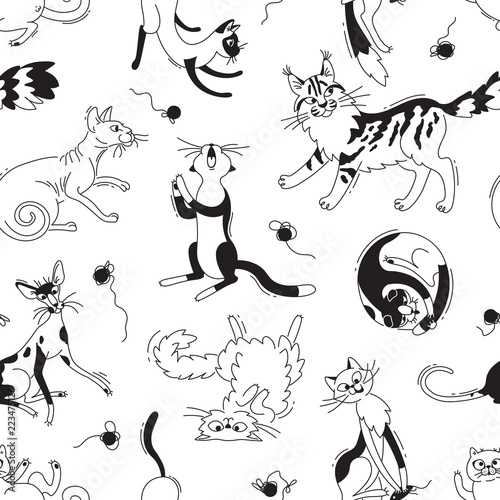 Seamless pattern with playing cats of different breeds and skeins of yarn. Cat in the style doodle cartoon. Vector background