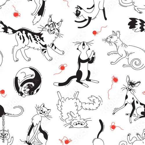 Seamless pattern with playing cats of different breeds and skeins of yarn. Cat in the style doodle cartoon. Vector background