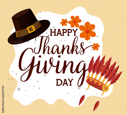 happy thanks giving card with pilgrims hat