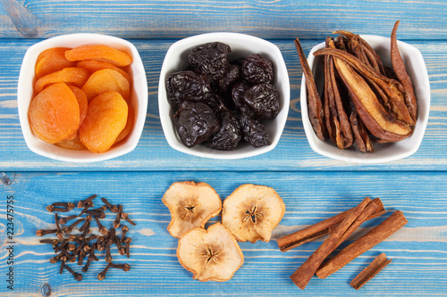 Ingredients and spices for preparing compote of dried fruits