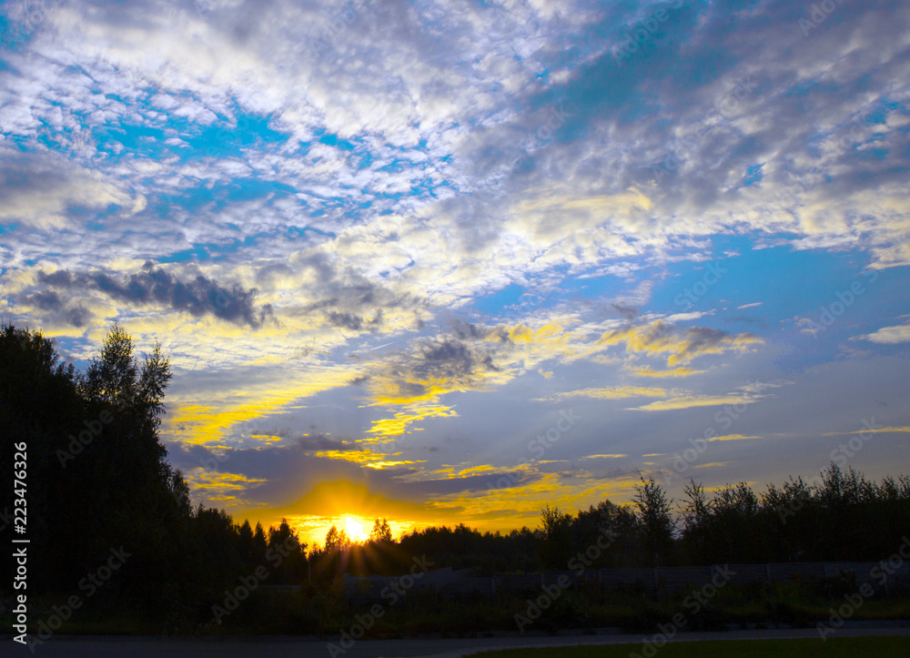 Fototapeta premium sunset sky setting sun beautiful clouds forest frame