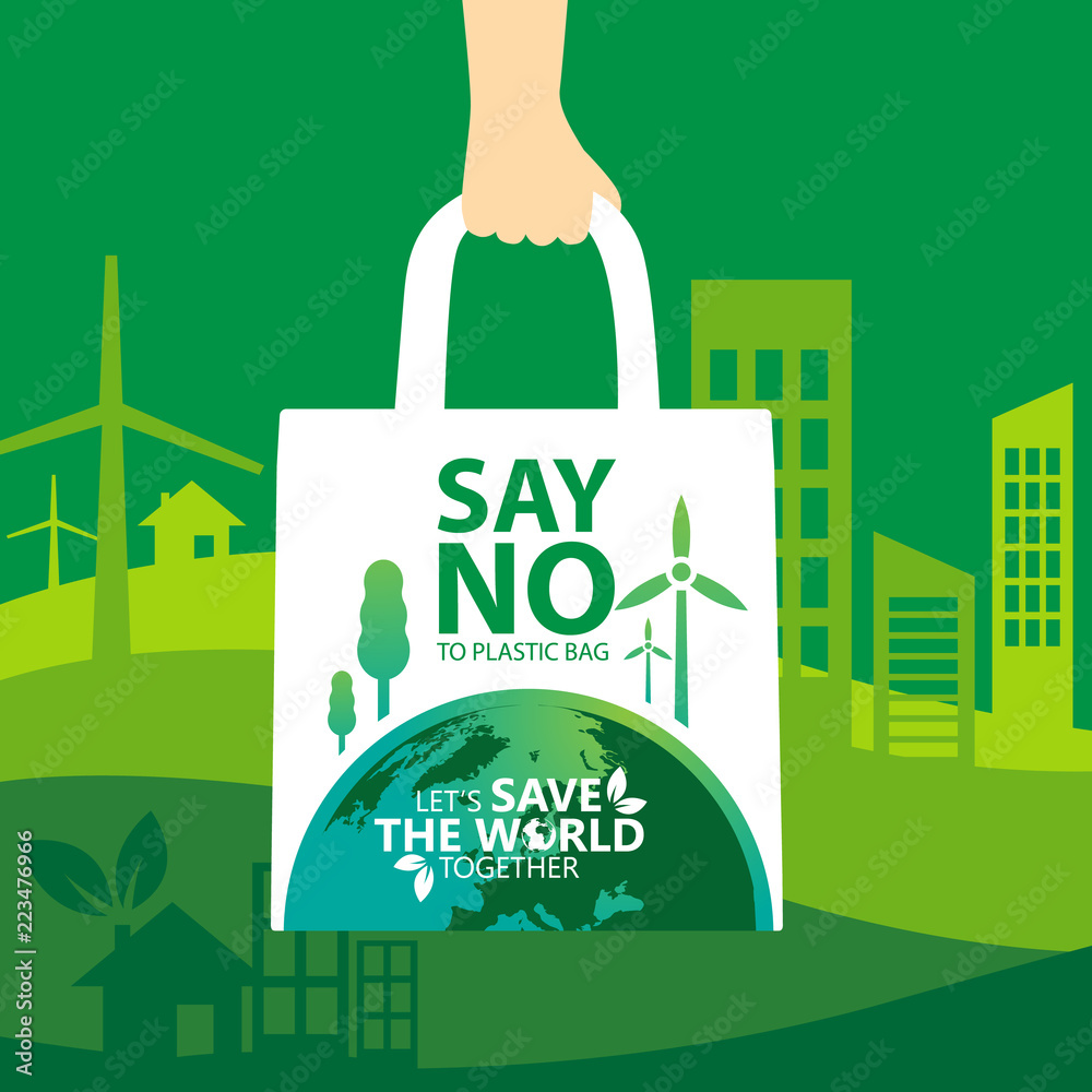 say no to plastic, use cloth bags, World environment day concept. Green ...