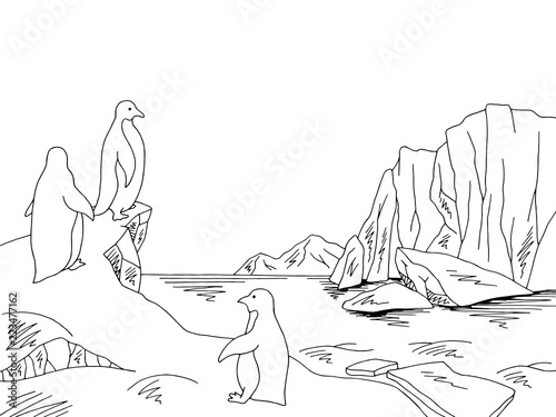 Penguins in Antarctica at the iceberg graphic black white sketch landscape illustration vector