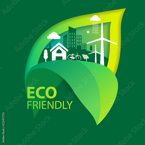 Eco green city.Save the world and environment concept.Urban landscape for green energy isometric style.Vector illustration.