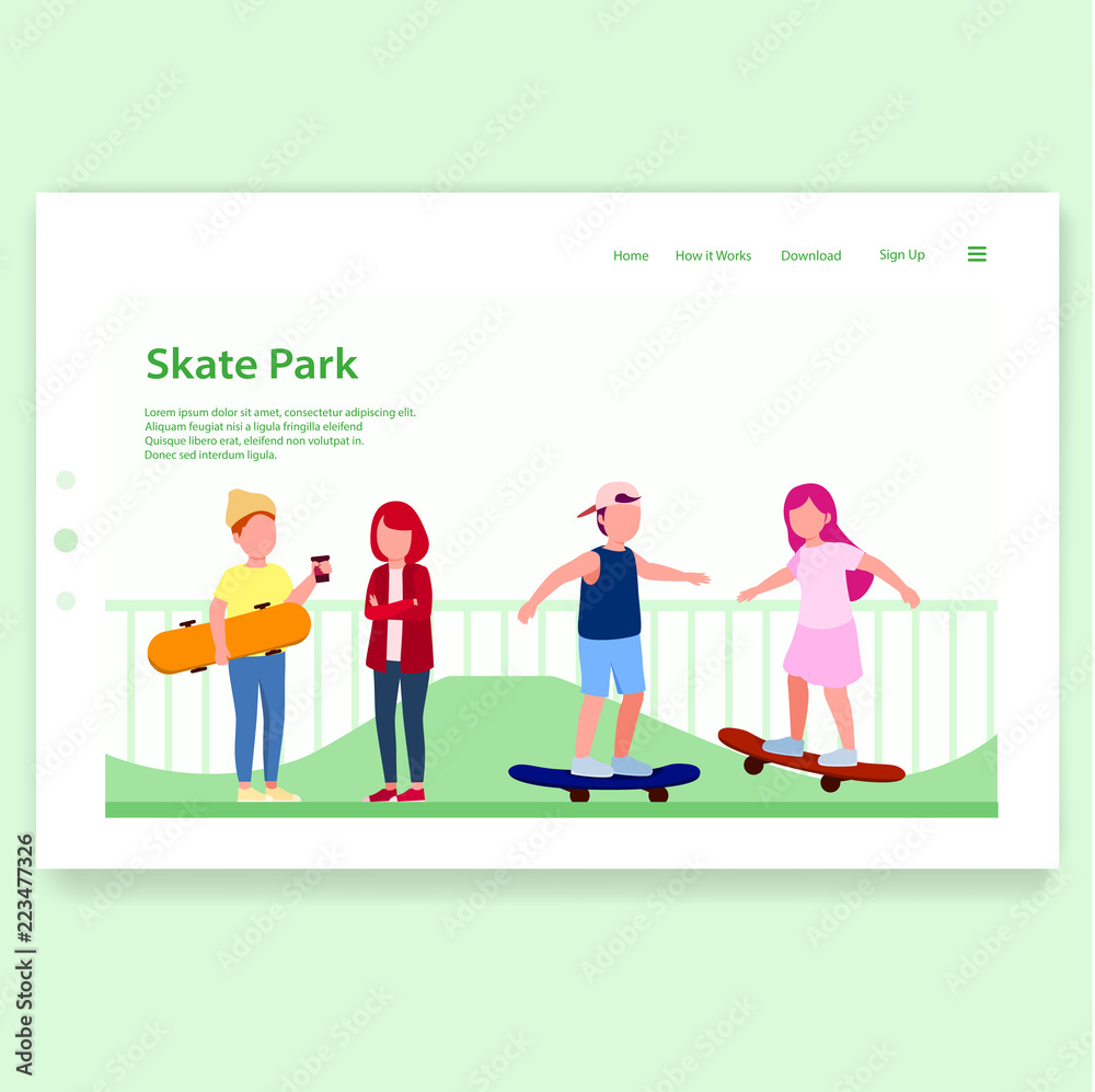Skate Park Illustration Landing Page for Web Display Design