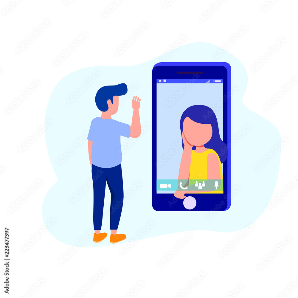 Video Call Illustration, Young Couple Calling Face-to-Face Using Chat App. Vector Illustration Flat Design Video Call Illustration, Young Couple Calling Face-to-Face Using Chat App. Vector Illustration Flat Design