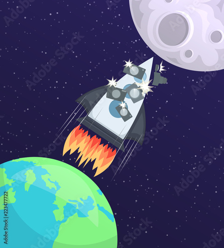 Vector illustration of a space rocket with tourists and cameras flying from Earth to the Moon. Space tourism