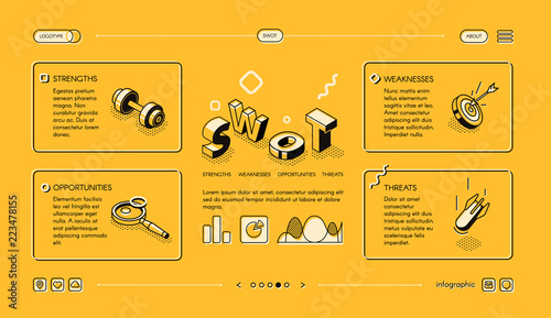 Swot analysis business vector illustration in isometric thin line design on yellow halftone background. diagram charts template of company management elements of risks and strength strategy