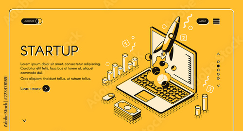 Startup business project vector illustration in thine line isometric design on yellow halftone background. Rocket launch start up creative idea and computer with money and commerce diagrams