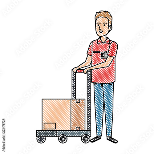 delivery worker with cart and box