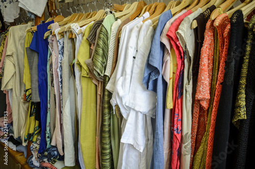 pattern of dresses in a shop, colorful dresses. © CLement