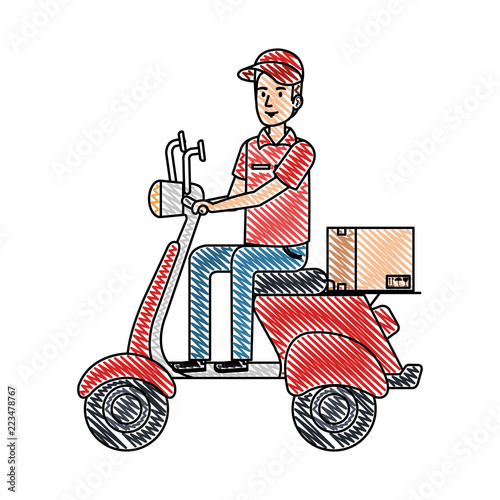 delivery worker in motorcycle and box