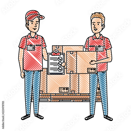 delivery workers with pile boxes and checklist