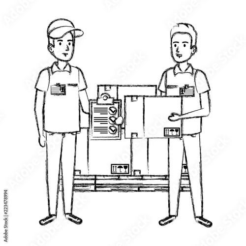delivery workers with pile boxes and checklist