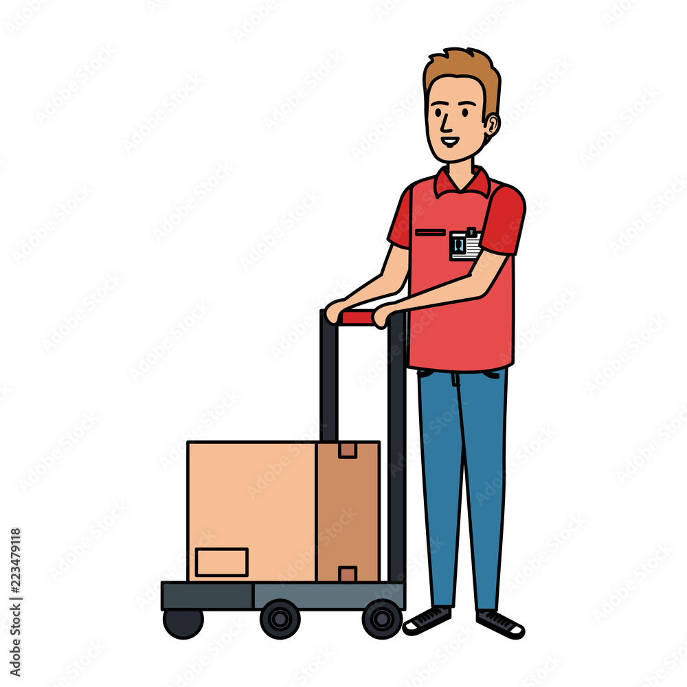 delivery worker with cart and box delivery worker with cart and box