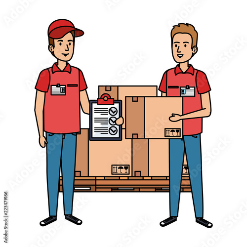 delivery workers with pile boxes and checklist