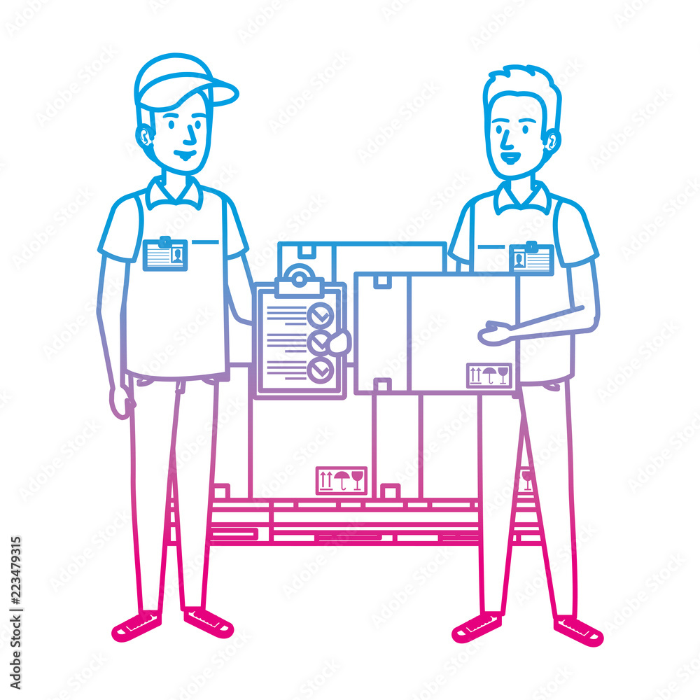 delivery workers with pile boxes and checklist