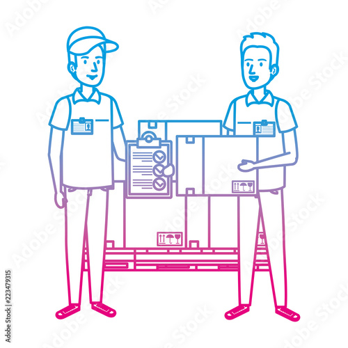 delivery workers with pile boxes and checklist