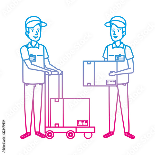 delivery workers with cart and boxes