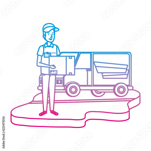 delivery worker with box and van