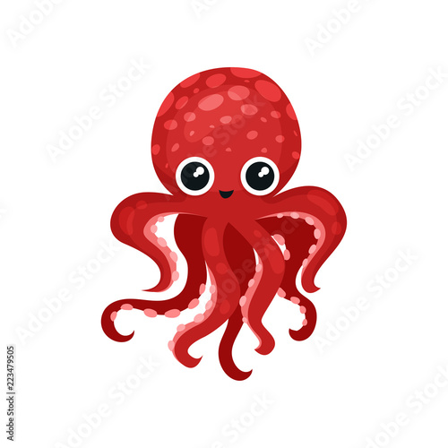 Cute red octopus with big shiny eyes. Soft-bodied mollusk with seven tentacles. Sea and ocean theme. Flat vector icon