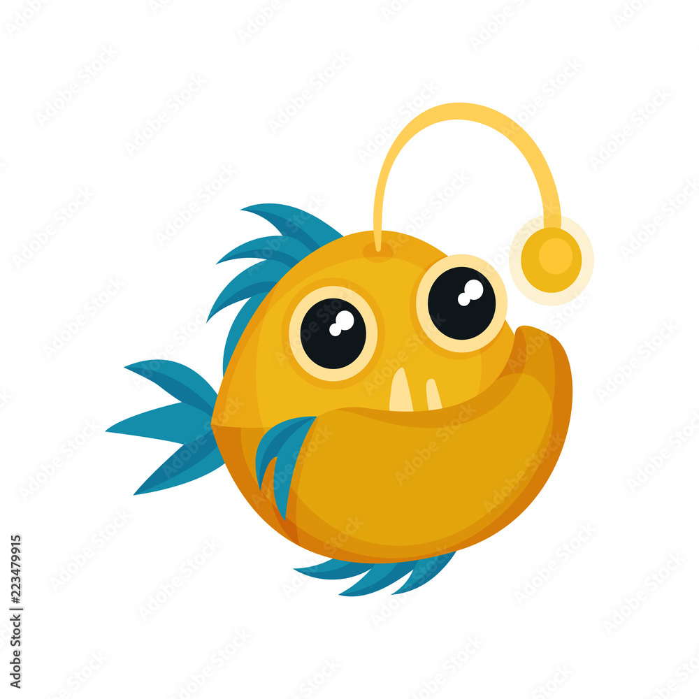 Funny yellow piranha with blue fins, big teeth and shiny eyes. Sea animal. Flat vector for kids t-shirt print or mobile game