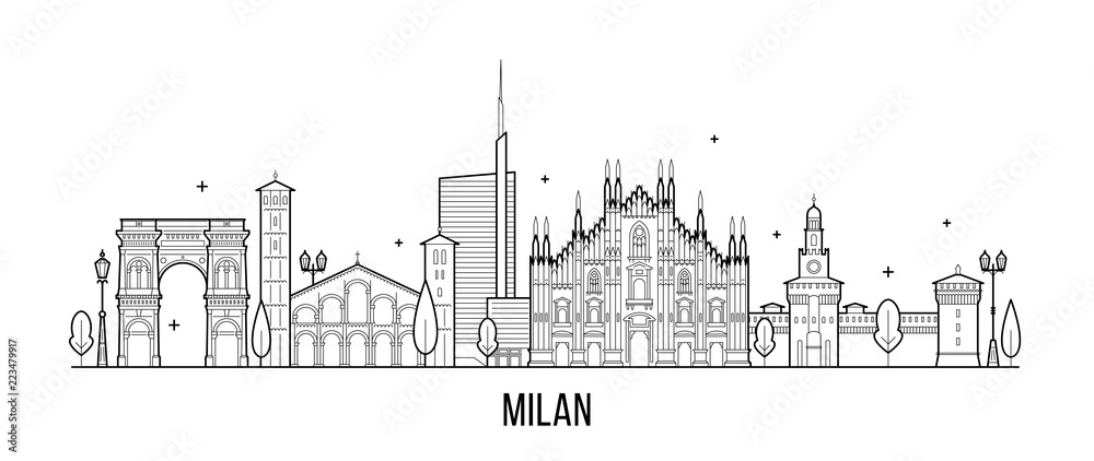 Obraz premium Mediolan panoramę Włochy miasto budynki wektor grafika liniowa