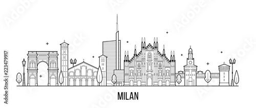 Milan skyline Italy city buildings vector line art