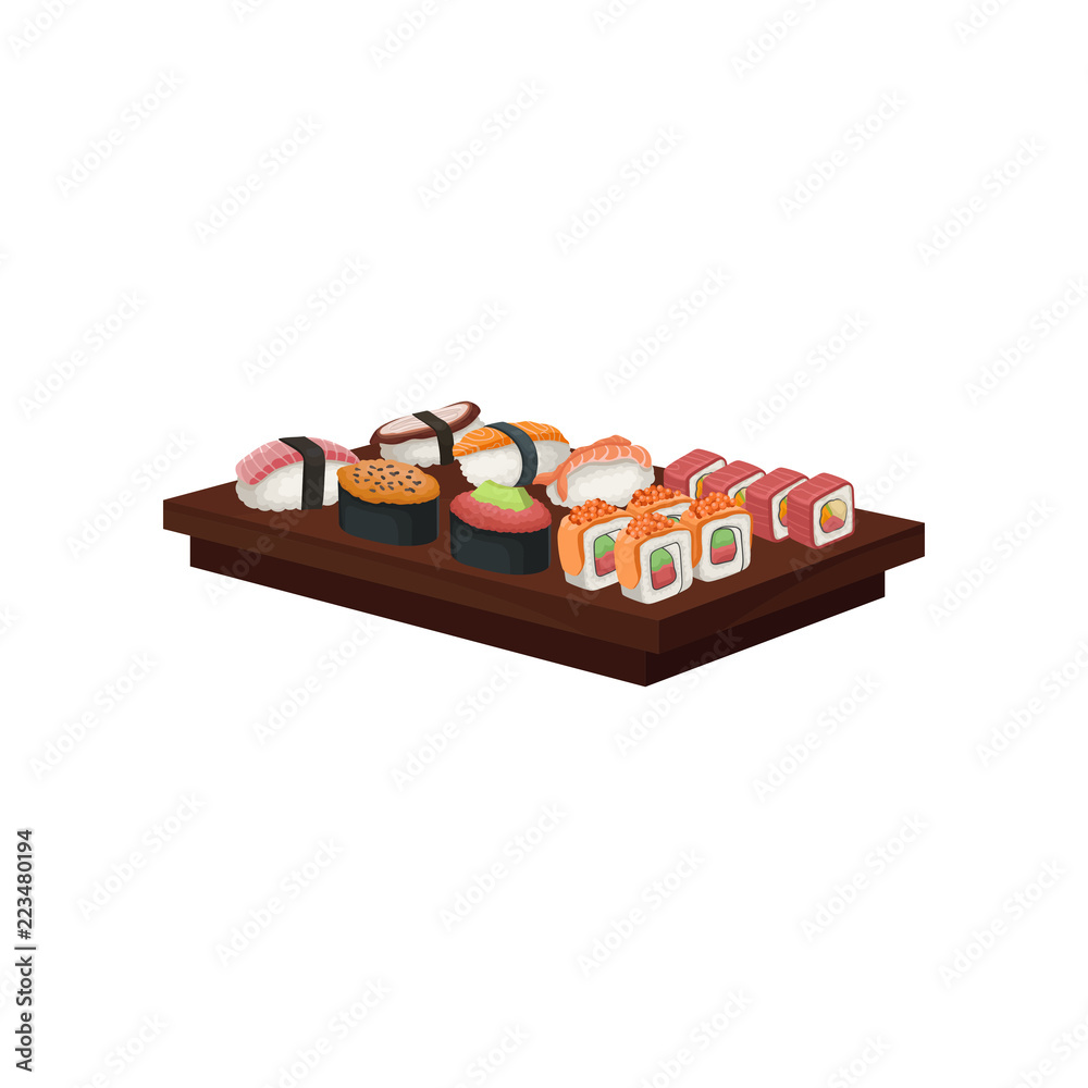 Set of tasty sushi rolls on wooden plate. Traditional Japanese food. Asian cuisine theme. Flat vector design Set of tasty sushi rolls on wooden plate. Traditional Japanese food. Asian cuisine theme. Flat vector design