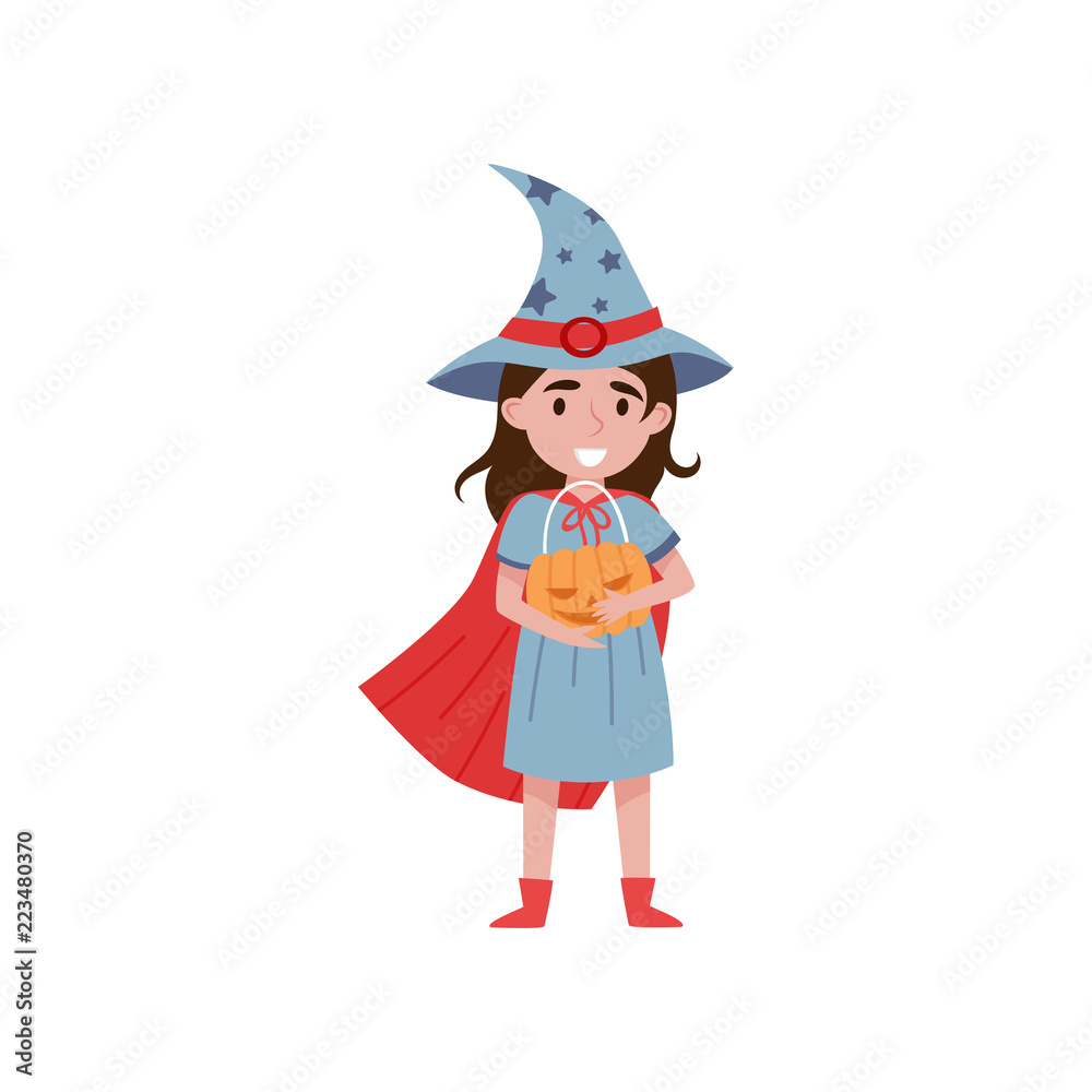 Cute little girl dressed as a witch holding basket made of pumpkin vector Illustration on a white background