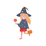Cute little girl dressed as a witch walking with a pumpkin basket and a lollipop vector Illustration on a white background