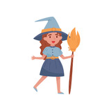 Cute little girl dressed as a witch standing with a broom vector Illustration on a white background
