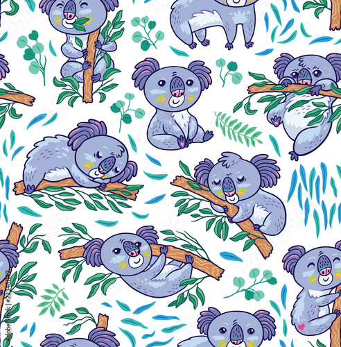 Fun koalas in the eucalyptus seamless pattern. Vector illustration photo