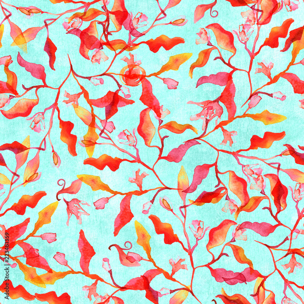 Seamless pattern with abstract branches and leaves and watercolour splashes on a vibrant teal background