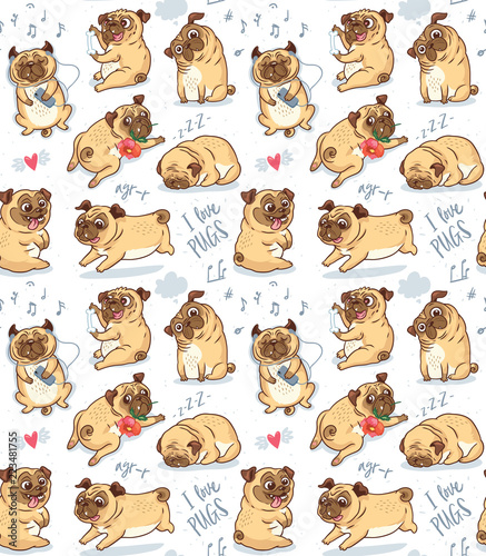 Cute funny pug pupies seamless pattern background