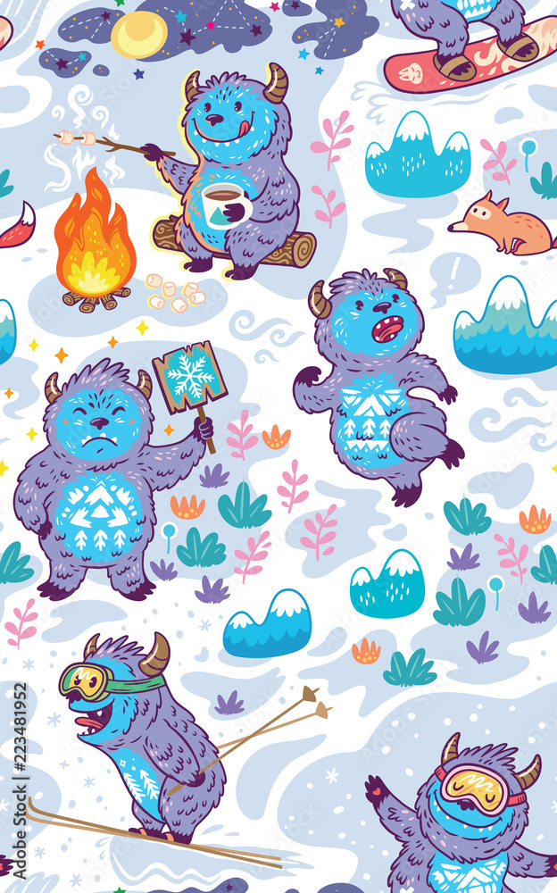 Naklejka premium Cartoon Yetis vector seamless pattern. Wallpaper background