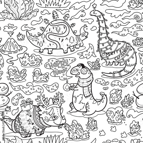 Ink childish pattern with dinosaurs. Cratoon characters with garland, gifts