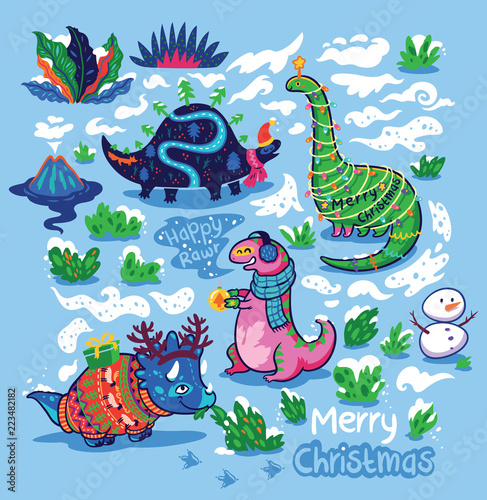 Funny Christmas and New Year characters of dinosaurs