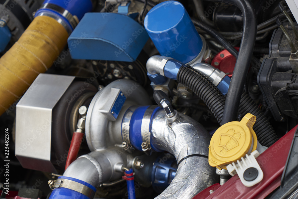 Image of the car engine. Turbocharging.