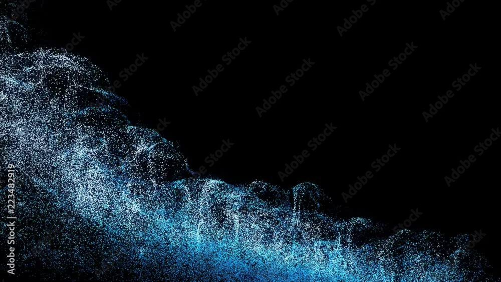 3d render abstract particles that flows from the bottom to top. Emitter moves from left to right. Complex twirl simulation. Magic fantasy dust.


