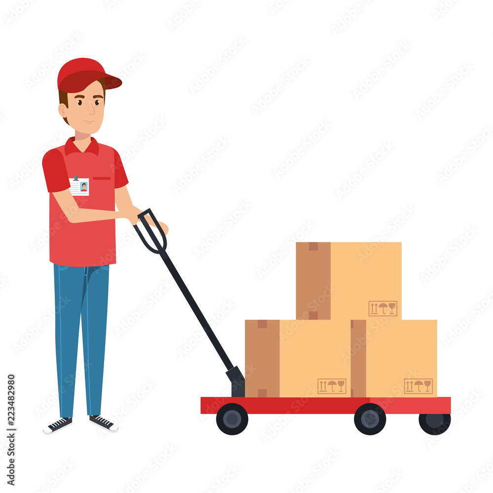 delivery worker with cart and box delivery worker with cart and box