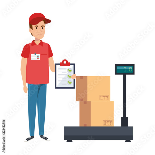 delivery worker with checklist and scale