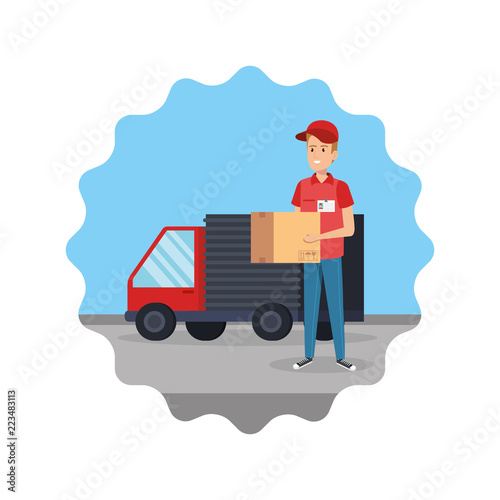 delivery worker lifting box with truck