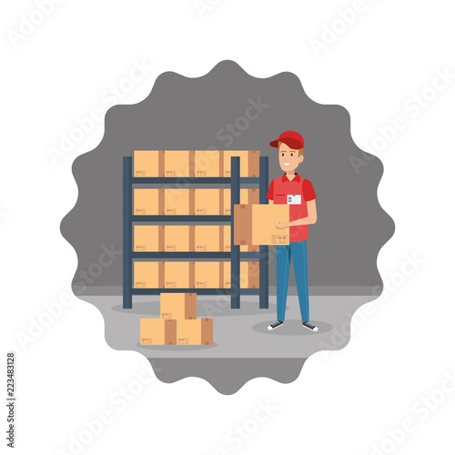 delivery worker lifting box with shelving