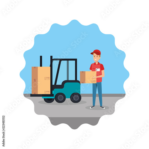delivery worker lifting box with forklift