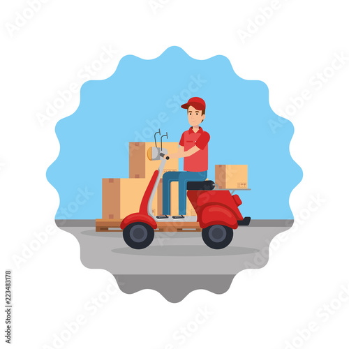 delivery worker in motorcycle and boxes