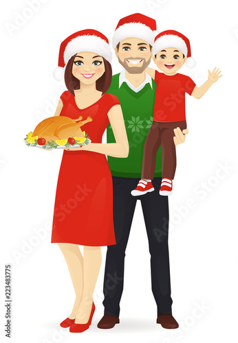 Christmas family portrait. Parents with son in santa hats vector illustration isolated. Woman holding turkey.