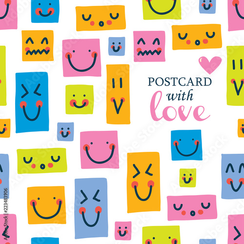 Cute postcard with happy faces. 