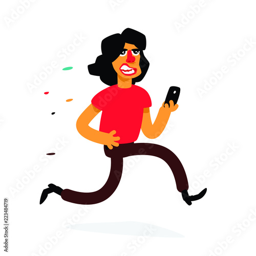 Illustration of a running man with a smartphone. Vector. The boy tries to catch everything. Image is isolated on white background. Illustration for banner, website and print. During. Cute mascot.