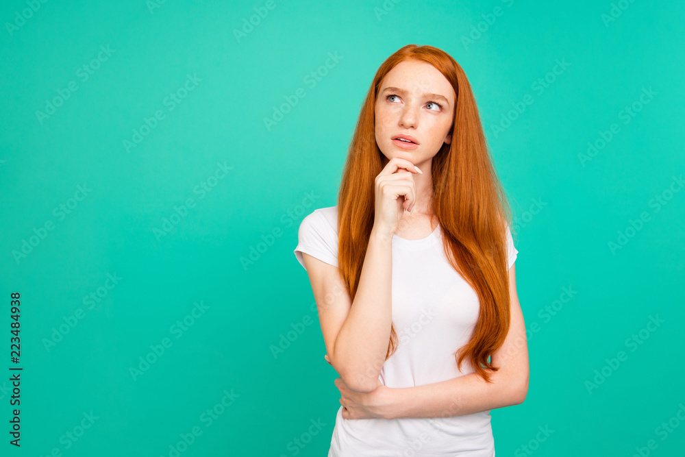 Photo of confused person with long hair, stand in white t-shirt  - obrazy, fototapety, plakaty 